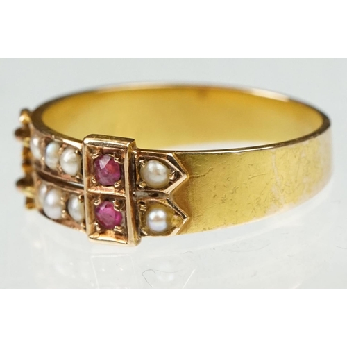 19 - Late 19th century pearl and ruby 15ct yellow gold buckle ring, two rows each set with five seed pear... 