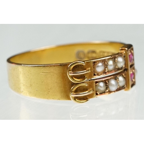 19 - Late 19th century pearl and ruby 15ct yellow gold buckle ring, two rows each set with five seed pear... 