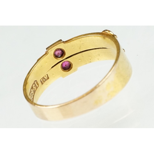 19 - Late 19th century pearl and ruby 15ct yellow gold buckle ring, two rows each set with five seed pear... 