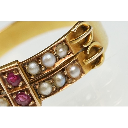 19 - Late 19th century pearl and ruby 15ct yellow gold buckle ring, two rows each set with five seed pear... 