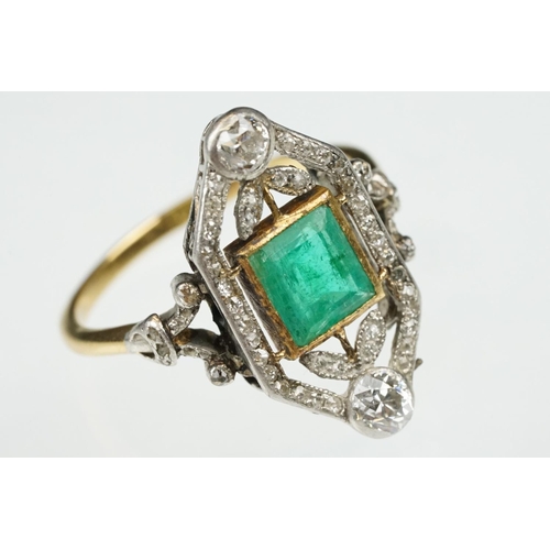 2 - Art Deco emerald and diamond unmarked yellow gold and platinum ring, the square step cut emerald mea... 