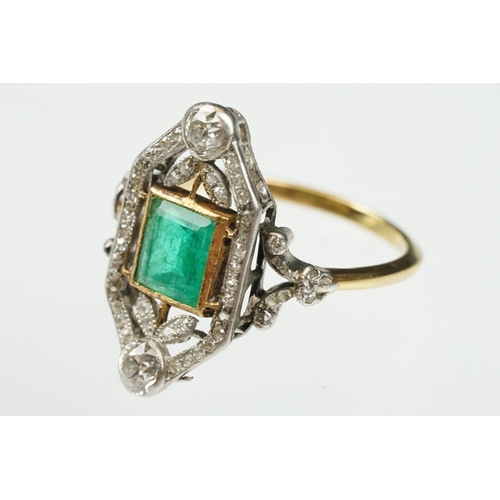 2 - Art Deco emerald and diamond unmarked yellow gold and platinum ring, the square step cut emerald mea... 