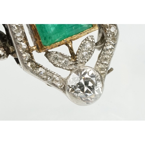 2 - Art Deco emerald and diamond unmarked yellow gold and platinum ring, the square step cut emerald mea... 