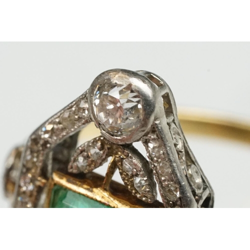 2 - Art Deco emerald and diamond unmarked yellow gold and platinum ring, the square step cut emerald mea... 