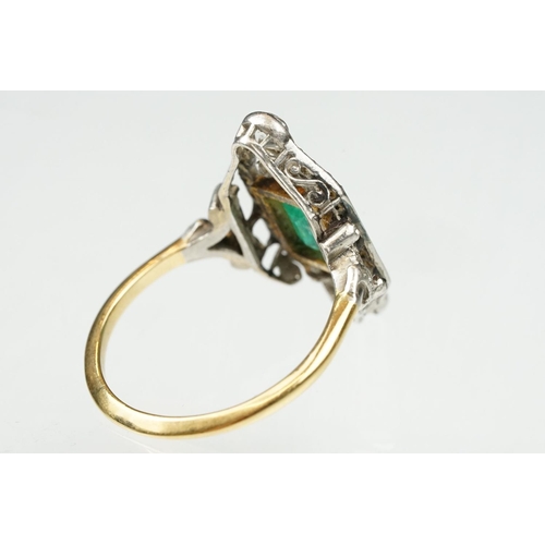 2 - Art Deco emerald and diamond unmarked yellow gold and platinum ring, the square step cut emerald mea... 