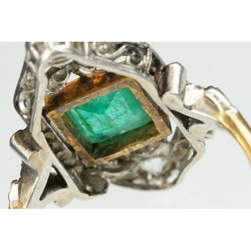 2 - Art Deco emerald and diamond unmarked yellow gold and platinum ring, the square step cut emerald mea... 