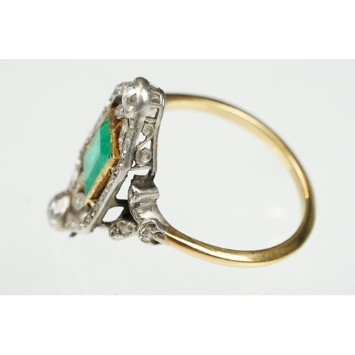 2 - Art Deco emerald and diamond unmarked yellow gold and platinum ring, the square step cut emerald mea... 