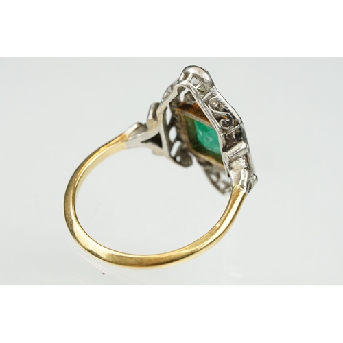 2 - Art Deco emerald and diamond unmarked yellow gold and platinum ring, the square step cut emerald mea... 