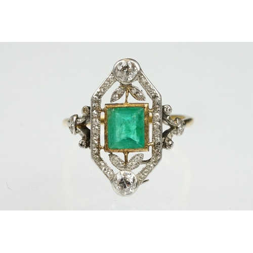 2 - Art Deco emerald and diamond unmarked yellow gold and platinum ring, the square step cut emerald mea... 