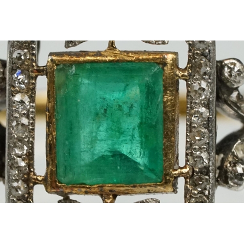 2 - Art Deco emerald and diamond unmarked yellow gold and platinum ring, the square step cut emerald mea... 