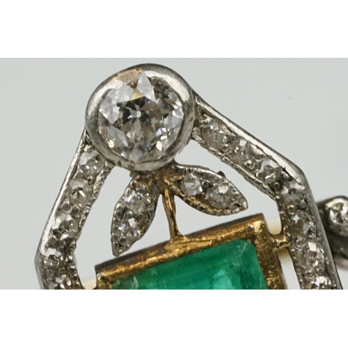 2 - Art Deco emerald and diamond unmarked yellow gold and platinum ring, the square step cut emerald mea... 