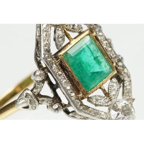 2 - Art Deco emerald and diamond unmarked yellow gold and platinum ring, the square step cut emerald mea... 