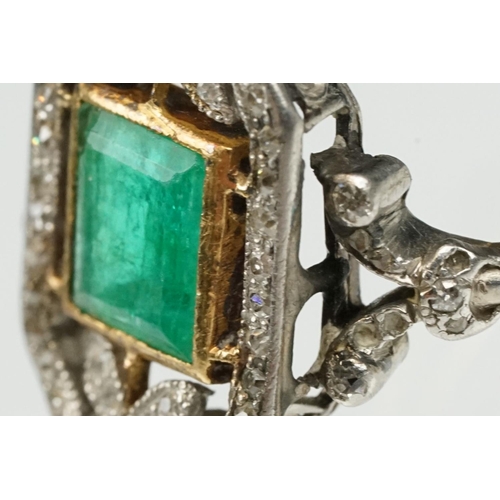 2 - Art Deco emerald and diamond unmarked yellow gold and platinum ring, the square step cut emerald mea... 