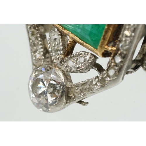 2 - Art Deco emerald and diamond unmarked yellow gold and platinum ring, the square step cut emerald mea... 