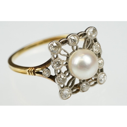 21 - Early 20th century pearl and diamond yellow and white metal set ring, the cream-white pearl with pin... 