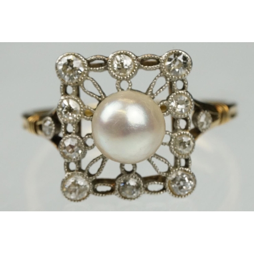 21 - Early 20th century pearl and diamond yellow and white metal set ring, the cream-white pearl with pin... 