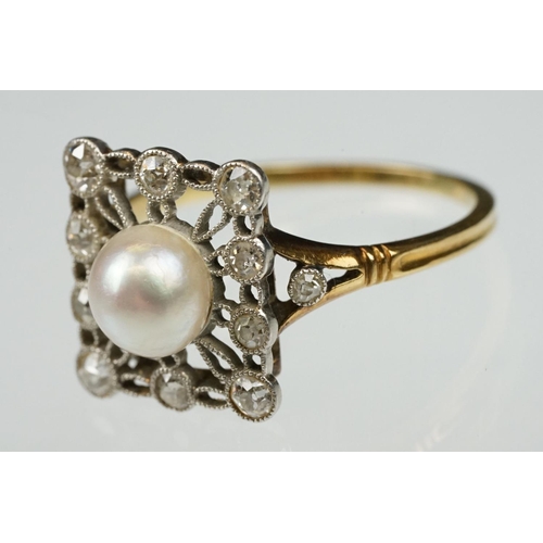 21 - Early 20th century pearl and diamond yellow and white metal set ring, the cream-white pearl with pin... 