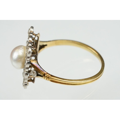 21 - Early 20th century pearl and diamond yellow and white metal set ring, the cream-white pearl with pin... 