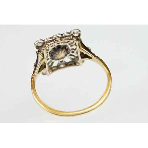 21 - Early 20th century pearl and diamond yellow and white metal set ring, the cream-white pearl with pin... 