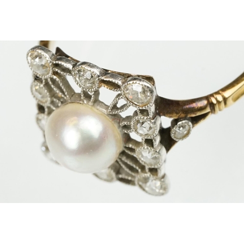 21 - Early 20th century pearl and diamond yellow and white metal set ring, the cream-white pearl with pin... 