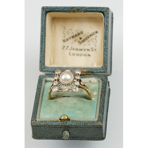 21 - Early 20th century pearl and diamond yellow and white metal set ring, the cream-white pearl with pin... 