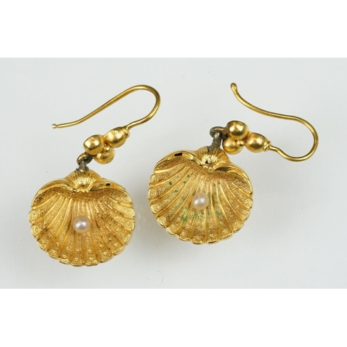 26 - Pair of 19th century seed pearl yellow metal drop earrings, modelled as a scallop shell with single ... 