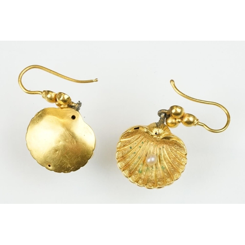 26 - Pair of 19th century seed pearl yellow metal drop earrings, modelled as a scallop shell with single ... 