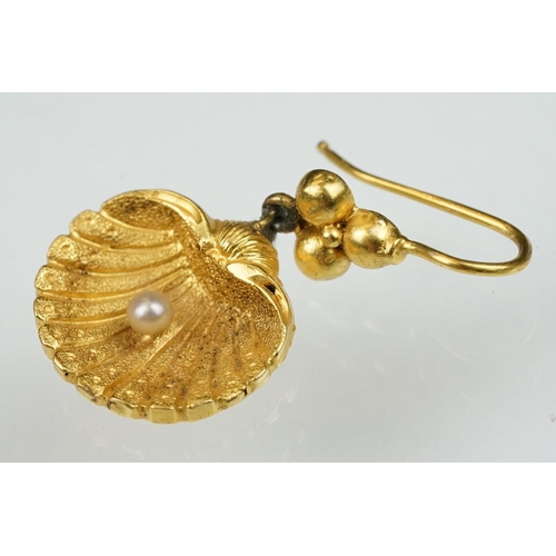 26 - Pair of 19th century seed pearl yellow metal drop earrings, modelled as a scallop shell with single ... 