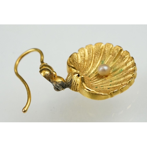 26 - Pair of 19th century seed pearl yellow metal drop earrings, modelled as a scallop shell with single ... 