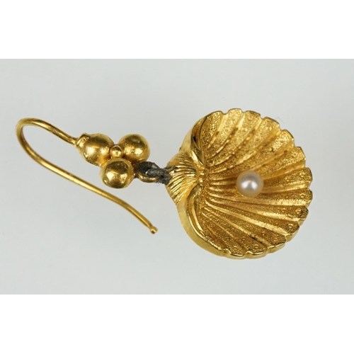 26 - Pair of 19th century seed pearl yellow metal drop earrings, modelled as a scallop shell with single ... 