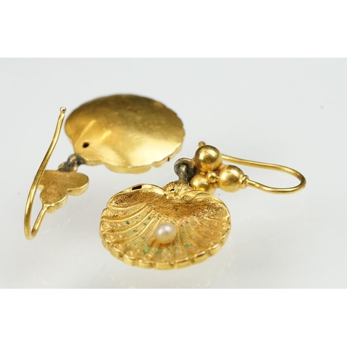 26 - Pair of 19th century seed pearl yellow metal drop earrings, modelled as a scallop shell with single ... 