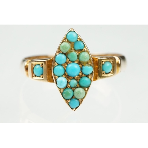 30 - Early 20th century turquoise yellow metal ring, the marquise head full set fifteen small round caboc... 