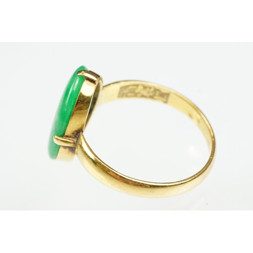 9 - Imperial jade yellow gold ring, the oval cabochon cut jade measuring approx 14.5 x 10.5mm, claw set,... 