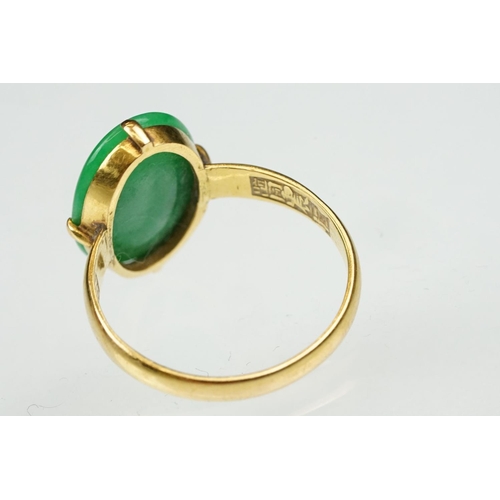 9 - Imperial jade yellow gold ring, the oval cabochon cut jade measuring approx 14.5 x 10.5mm, claw set,... 