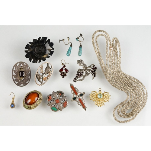 111 - Collection of costume jewellery to include garnet and marcasite silver brooch; a late 19th century a... 