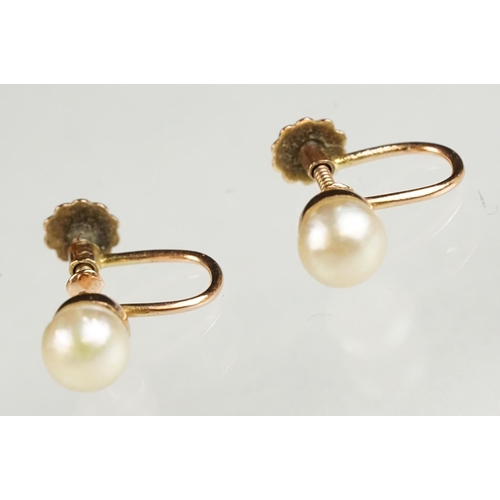 119 - Three pairs of simulated pearl 9ct gold screw back earrings to include simulated, together with a st... 