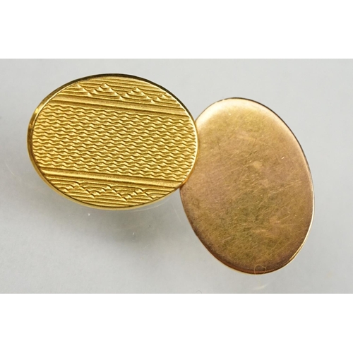 123 - Pair of 9ct and 18ct yellow gold chain link panel cufflinks, each with a plain oval 9ct gold panel a... 