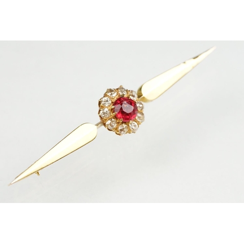 124 - Paste and diamond yellow gold cluster bar brooch, length approx 6cm