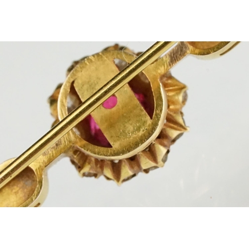 124 - Paste and diamond yellow gold cluster bar brooch, length approx 6cm