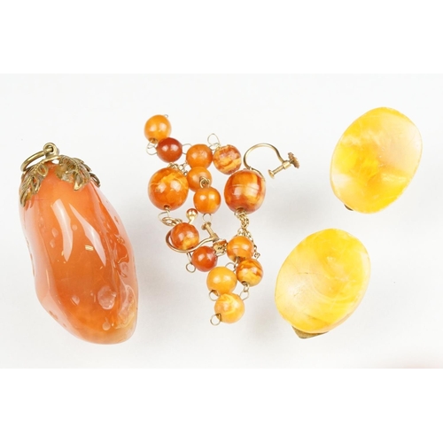 128 - Pair of amber-style 9ct yellow gold screw back drop earrings; a pair of yellow Bakelite style clip-o... 