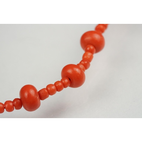 131 - Early 20th century coral necklace with yellow metal bolt ring clasp, length approx 46cm