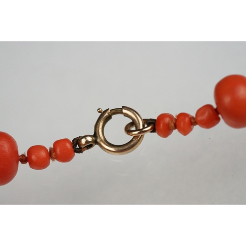 131 - Early 20th century coral necklace with yellow metal bolt ring clasp, length approx 46cm