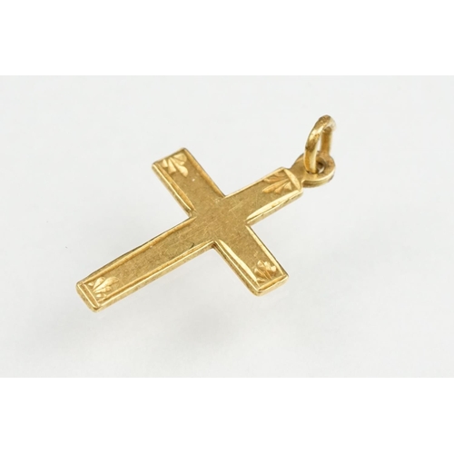 135 - 9ct gold cross pendant, a yellow metal ring (af) and a part broken chain stamped 750, the clasp stam... 