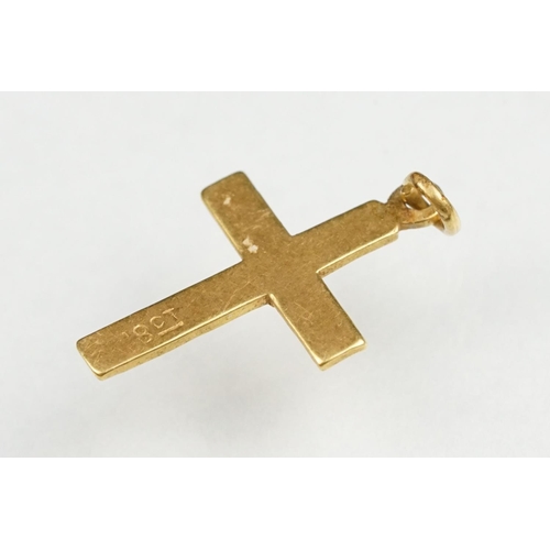 135 - 9ct gold cross pendant, a yellow metal ring (af) and a part broken chain stamped 750, the clasp stam... 