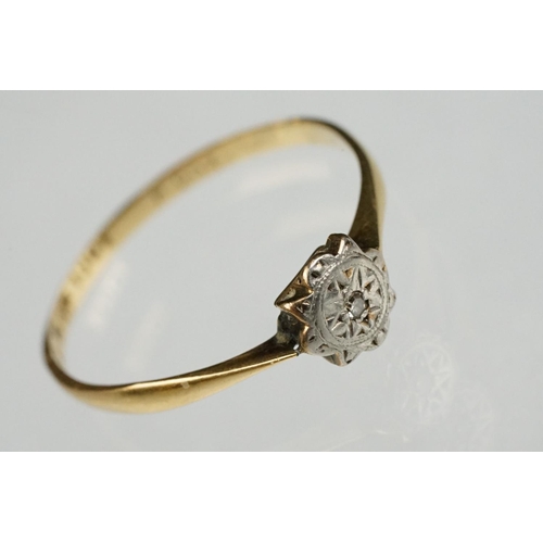 138 - Diamond 18ct yellow gold and platinum set ring, small round eight cut diamond, illusion set, tapered... 