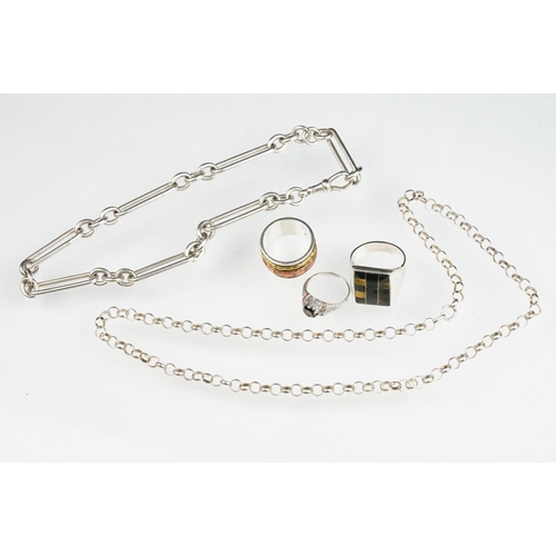 140 - Silver trombone link watch chain, each link hallmarked, silver dog clip, length approx 35cm; white m... 