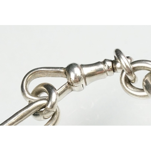 140 - Silver trombone link watch chain, each link hallmarked, silver dog clip, length approx 35cm; white m... 