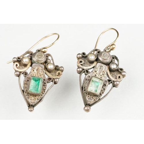 56 - Pair of 19th century Indian foiled gemstone and pearl white metal and yellow metal set drop earrings... 