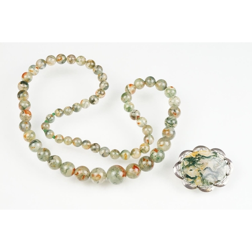 59 - Moss agate bead necklace, sixty-two graduated moss agate beads, the largest measuring approx 17mm, t... 