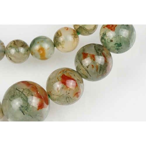 59 - Moss agate bead necklace, sixty-two graduated moss agate beads, the largest measuring approx 17mm, t... 